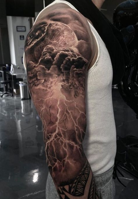 Electrifying lightning rolling clouds arm tattoo Light Sleeve Tattoo, Arm Lightning Tattoo, Lightening Bolt Tattoo, Lightening Tattoo, Blitz Tattoo, Hals Tattoo Mann, Voll Arm-tattoos, Cloud Tattoo Sleeve, Stammestattoo Designs
