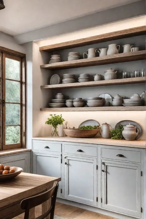 Open shelves and glasspaned cabinets Open Shelves Over Buffet, Kitchen With Wall Shelves, Kitchen Cabinets With Shelves In Between, Country Kitchen Open Shelves, Fur Down Above Cabinets, How To Display Dishes On Open Shelves, Built In Shelving Kitchen, Kitchen Ideas With No Upper Cabinets, Doorless Cabinets Kitchen