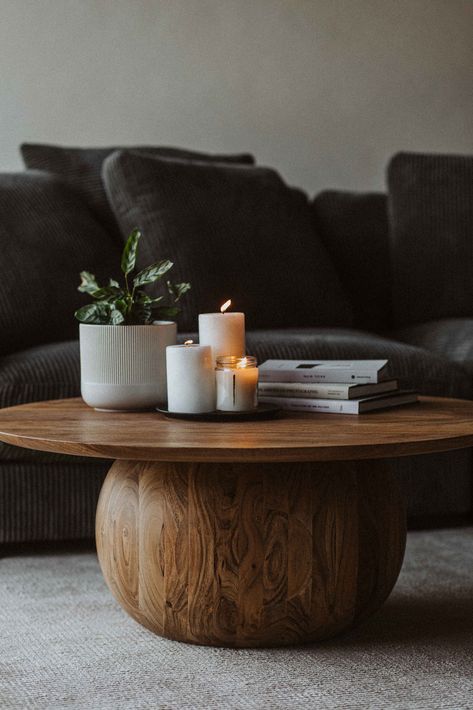 Coffee Table Stying, Brown Wooden Coffee Table, Solid Round Coffee Table, Living Room Table Aesthetic, Round Wood Coffee Table Modern, Coffee Table Decor Wooden Table, Circular Wood Coffee Table, Round Coffee Table And Sectional, Warm Wood Coffee Table