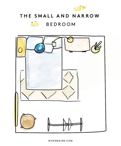 The Layout: If your bedroom is barely big enough to fit a bed, there are a few hacks that will help you manage the space. While we don’t love pushing a bed against the wall, try leaving as... Bedroom Furniture Placement, Narrow Bedroom, Simple Bed Designs, Small Bedroom Layout, Bedroom Furniture Layout, Bedroom Layout, Bedroom Minimalist, Furniture Placement, Room Deco