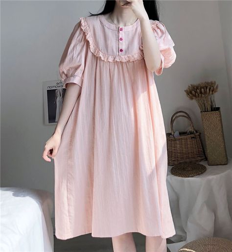 Tanee Short-Sleeve Midi Pajama Dress | YesStyle Woman Pajamas Dress, Night Dress Pajamas, Cute Pajamas Dress, Cute Night Dress For Women, Night Dresses For Women, Cute Night Outfits, Pajamas Ideas, Pajamas Girl, Dress Pajamas