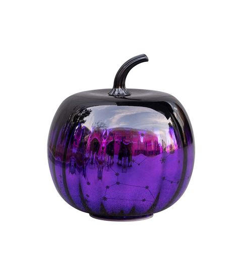 Get into the Halloween Spirit with the 8" LED Purple Glass Pumpkin by Place & TimeAdd a touch of spooky elegance to your Halloween decor with the 8" LED Purple Glass Pumpkin by Place & Time The purple glass and cool white LED lights create a hauntingly beautiful glow that will set the mood for any Halloween gathering Measuring 78x78x84 inches, this pumpkin is the perfect size for tabletops, mantels, or as part of a larger displayProduct DetailsDimensions: 78x78x84 inchesMaterials: Glass, PlasticLight Color: Cool WhiteLED lights includedBatteries not included Black Purple Halloween Decor, Purple And Green Halloween Decor, Glass Pumpkin Decor, Queer Prom, Led Purple, Haloween Party, Halloween Bedroom, Purple Pumpkin, Skeleton Decorations