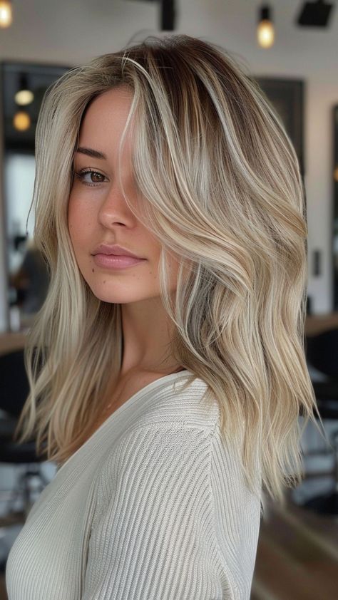 25 Platinum Blonde Hair Color Ideas for the Fashion-Forward Blonde Below Shoulder Length Hair, Blond Hair Shadow Roots, Summer Blonde With Dimension, Shadow Root Vs Root Melt, Short And Blonde Hair, Blonde Hair 2024 Summer, Balayage Hair Blonde With Bangs, 2024 Medium Length Hair Trends For Women, Partial Foil Blonde