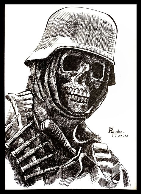 Ghost, soldier, ink drawing, pen drawing, black & white drawing, anatomy, skull Grim Reaper With Skulls Tattoo, German Soldier Drawing, Skull Soldier Tattoo, Soldier Art Drawing, Military Helmet Drawing, Infection Drawing, Skull Ink Drawing, Gester Drawing, Skull Pen Drawing