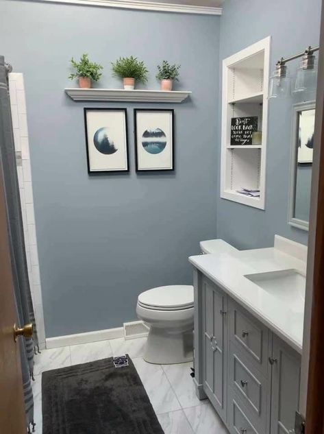 Behr Intercoastal Gray Behr Bathroom, Bathroom Color Schemes Gray, Grey Bathroom Paint, Blue Bathroom Walls, Light Grey Bathrooms, Gray Bathroom Walls, Grey Bathroom Cabinets, Grey Blue Bathroom, Light Blue Bathroom