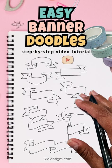 Easy ribbon banner doodle  video tutorial for beginners Easy Banner Drawing, Ribbon Doodle, Drawing Banners, Banners Drawing, Journal Text, Doodle Banner, Doodle Tutorial, Banner Doodle, Text Banner