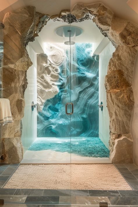 Dive into relaxation with beach-themed showers! 🌊✨ Transform your bathroom into a coastal sanctuary with soothing colors and seaside decor. #BeachThemedShowers #CoastalDecor #BathroomInspiration #HomeDesign #SeasideSerenity Ocean Bathroom Aesthetic, Ocean Inspired Bathroom, Beach Theme Bathroom Ideas, Beach Bathroom Ideas, Beachy Artwork, Bathroom Beach Theme, Under The Sea Bathroom, Ocean Bathroom, Theme Bathroom