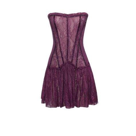 Experience The Allure Of Verna, A Stunning Strapless Lace Mini That Exudes Elegance. Embedded With Hand-Placed Deep Purple Rhinestones Along The Neckline And Bone Casing, This Design Features A Fully Boned Drop-Waist Corset With Intricate Ruffle Lace Detailing. The Two Layers Of Ruched Purple Lace Create A Mesmerizing Mini-Skirt. Made From A Gorgeous Stretch Lace, The Bodice Is Lined With Purple Mesh, While The Unlined Skirt Offers A Semi-Sheer Allure. Complete With An Invisible Zipper At The Ce Lace Corset Dress, Miss Circle, Purple Lace Dress, Waist Corset, Corset Mini Dress, Purple Love, Lace Corset, Purple Rhinestone, Purple Lace