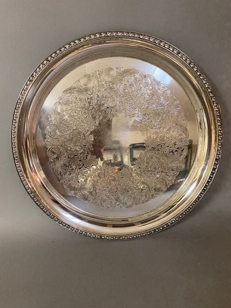 Vintage Rogers Round Silver Plate Serving Tray Circa 1970 | Etsy Crystal Glassware Antiques, Engraved Serving Tray, Vintage Metal Trays, Photo Mosaic, Crystal Glassware, Vintage Jewelry Box, Flea Market Finds, Metal Trays, Rope Design