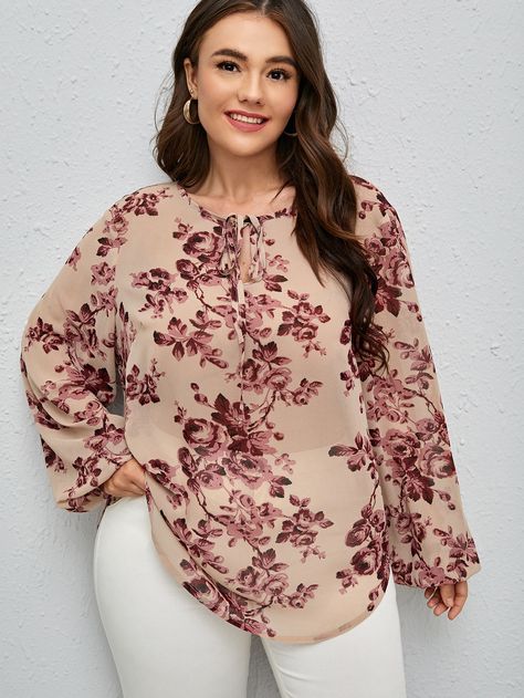 Multicolor Boho  Long Sleeve Chiffon Floral,All Over Print Tunic Embellished Non-Stretch Spring/Summer Plus Size Tops Plus Size Tops For Women Blouses, Chiffon Tops For Women Floral, Fashion Tops Blouse Plus Size, Chiffon Tops For Women Trendy, Chiffon Tops For Women, Chiffon Top Styles, Knot Blouse, Printed Chiffon Tops, Floral Chiffon Top