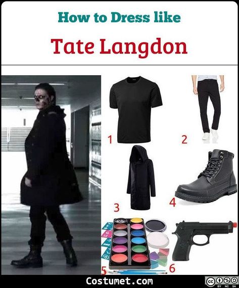 Tate Langdon costume a black shirt, black pants, a black, hooded trench coat, and black boots. His face is also covered in black and white paint.            #Male #male #scary #skeleton #villain #tv #AmericanHorrorStory #psychopath Tate Langdon Skeleton, Tate Langdon Halloween Costume, Tate Langdon Costume, Black Shirt Black Pants, Tate Langdon Makeup, Langdon American Horror Story, American Horror Story Costumes, Halloween Fantasias, Scary Skeleton
