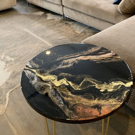 "This listing is for a Made-to-order Resin Side Table similar (but not Identical) to the one shown in photos Glass-like finish resin side table in black, gold, copper, and blush The gold is highly reflective similar to the gold leafing that I love and sits towards the top which also adds to the dimensional quality. The resin carries over the edges in a drip like manner, giving the table a unique handmade look that makes the statement that you didn't find this in a store. Functional art is a stun Photo Table, Resin Table Top, Table Cafe, Different Types Of Wood, Natural Edge, Outdoor Coffee Tables, Live Edge Wood, Natural Wood Finish, Beautiful Coffee