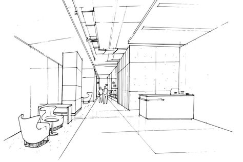 Croquis, Office Room Sketch, Lobby Perspective, Office Interior Sketch, Reception Waiting Area Interior Design, Office Lobby Reception Waiting Area, Office Sketch, Buildings Sketch Architecture, Waiting Area Design
