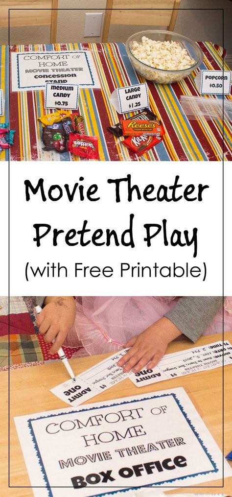 Movie Theater Pretend Play with free printable for tickets, signs, and food labels. Concession Stand Sign, Pretend Play Printables, Prop Box, Dramatic Play Preschool, Dramatic Play Area, Dramatic Play Centers, Hollywood Party, Concession Stand, Movie Themes