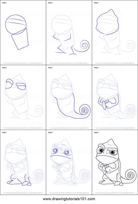 Disney Character Tutorial, Tangled Chameleon Drawing, Cartoon Drawings Disney Step By Step, How To Draw Rapunzel Step By Step, How To Draw Pascal From Tangled, Pascal Tangled Painting, Disney Characters Step By Step Drawings, Tangled Doodles Disney, Tangled Pascal Drawing