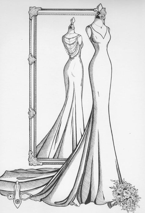 Mirror Sketch, View Sketch, Dress Drawings, Wedding Dress Drawings, Wedding Dress Illustrations, Sketches Fashion, Wedding Dress Sketches, Fashion Figure Drawing, Fashion Illustrations Techniques