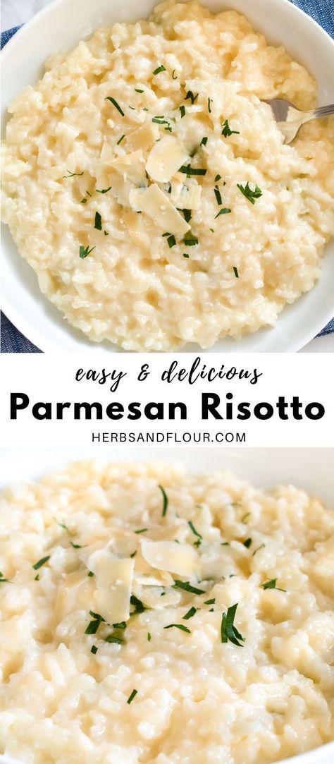 This easy, delicious and creamy Parmesan Risotto is easier to make than you think! Serve as a side dish or top with seared scallops or shrimp for a delicious gourmet meal in your own home! Creamy Parmesan Risotto, Parmesan Risotto Recipes, Creamy Risotto Recipes, Vegetarian Risotto Recipes, Scallops And Risotto, Risotto Recipes Parmesan, Risotto Recipes Shrimp, Risotto Recipes Vegetarian, Risotto Parmesan