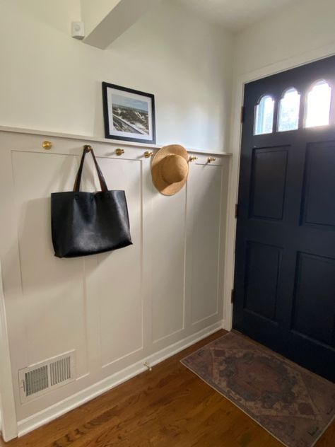 Tall Board And Batten Wall Entry, Styling Board And Batten Ledge, Board And Batten In Entryway, Board And Batten To The Ceiling, Entry Way Wainscotting With Hooks, Wall With Hooks Entry, Mudroom Small Entryway, Entry Wall Board And Batten, Board And Batten With Hooks Entryway