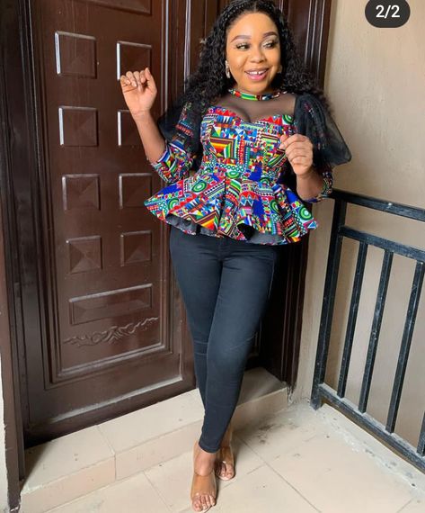 Stylish Ankara Tops for Your Skirt and Trousers - Stylish Naija Simple Peplum Top Ankara, Ankara Peplum Top And Trouser, Ankara Top Styles For Women, Ankara Peplum Top Outfits, Latest Ankara Tops With Jeans, Ankara Trousers And Top For Women, Ankara Top Styles For Jeans, Ankara Peplum Top And Skirt, Ankara Peplum Dress