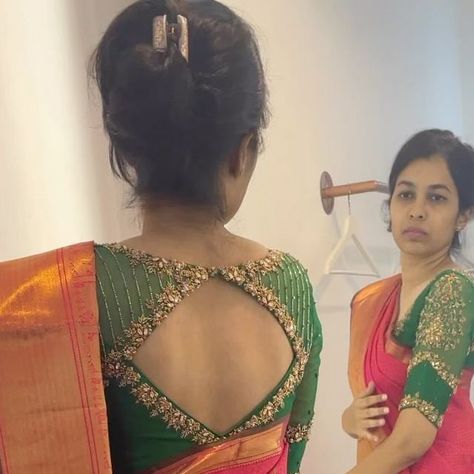 Pastel, Sari Work Blouse Designs, Red Saree And Green Blouse, Green Wedding Blouse Designs, Aari Work Green Blouse Designs, Green Aari Work Blouse Design, Green Blouse Designs For Saree Bridal, Green Maggam Work Blouses Design, Simple Machine Embroidery Designs For Blouse