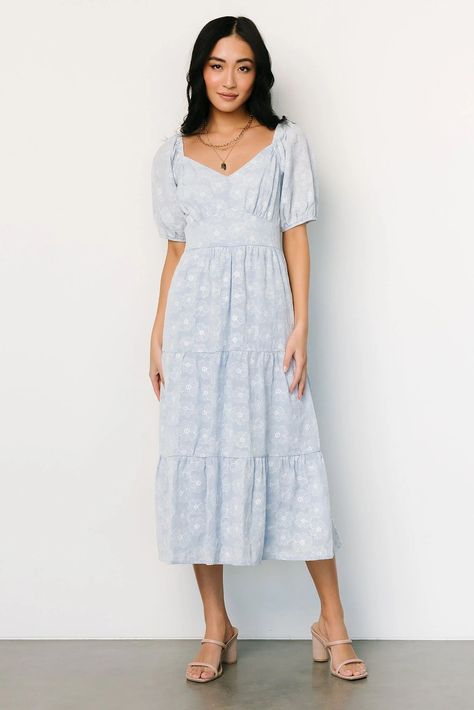 Mildred Embroidered Midi Dress | Baltic Born Feminine Outfits Dress, Cute Casual Modest Outfits, Dusty Blue Midi Dress, Romantic Outfits For Women, Modest Dresses Church, Modest Church Dresses, Florida Photoshoot, Blue Wedding Guest Dresses, Fall Fashion Staples