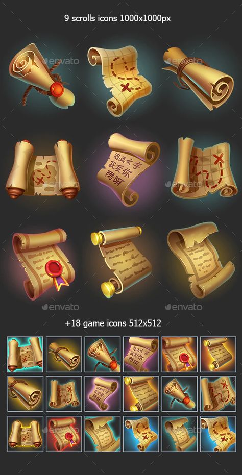 Scrolls and Maps Game Icons by ververver | GraphicRiver Slot Game Art, Map Concept Art, Casual Game Art, Map Scroll, Fantasy Icon, Game Icon Design, Map Game, Disneysea Tokyo, Map Icon