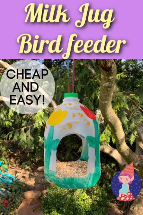 Learn how to make a milk jug bird feeder with a one gallon plastic jug, Teach kids about recycling and nature with this fun spring craft. Gallon Jugs Crafts, Milk Jug Bird Feeder, Jug Bird Feeder, Milk Carton Bird Feeder, Bird Feeders For Kids To Make, Milk Jug Crafts, Make A Bird Feeder, Bird Feeder Craft, Plastic Jugs