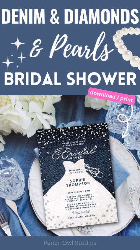 Denim Diamonds & Pearls Bridal Shower Invitation for Modern Brides - Elegant, Romantic, Rustic Pearl Bridal Shower, Unique Bridal Shower Invites, Denim And Pearls, Elegant Bridal Dress, Dress Bridal Shower, Garden Bridal Showers, Elegant White Dress, Bridal Brunch Invitations, White Bridal Dresses