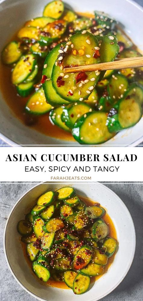 2 photos of easy spicy asian cucumber salad. The bottom photo is the salad plated in a white plate garnished with sesame seeds and chili oil. The top photo is a close up of the plate with a pair of wooden chopsticks picking up a piece of cucumber.