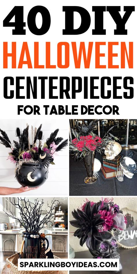 Explore your Halloween table decorations with these spooky DIY Halloween centerpiece ideas. From eerie Halloween tablescapes to haunting arrangements, our DIY table settings will help you create the perfect ambiance. Embrace the pumpkin decorations or add ghostly touches for a creepy vibe. These Halloween table centerpieces are cheap and easy to make. Explore black and orange centerpieces, witchy table settings, and skeleton-themed arrangements. Check out these cheap DIY Halloween decorations. Halloween Centerpieces For Table, Halloween Centerpieces Diy, Halloween Table Decorations Centerpieces, Halloween Centerpiece Ideas, Halloween Wedding Centerpieces, Halloween Party Centerpieces, Halloween Flower Arrangements, Centerpieces For Table, Halloween Centerpieces