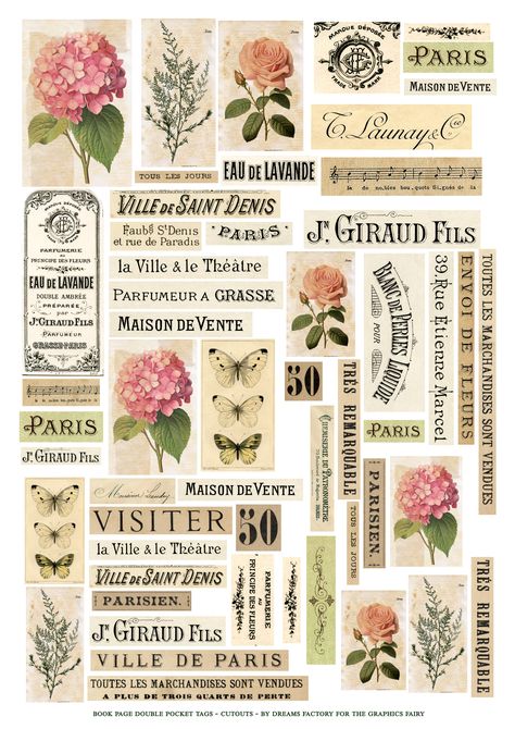 Book Page Tags: Double Pockets! - The Graphics Fairy Journal Printables Free, Scrapbooking 101, Vintage Paper Printable, Beautiful Paper Flowers, Etiquette Vintage, French Ephemera, Scrapbook Printing, Postal Vintage, Free Vintage Printables