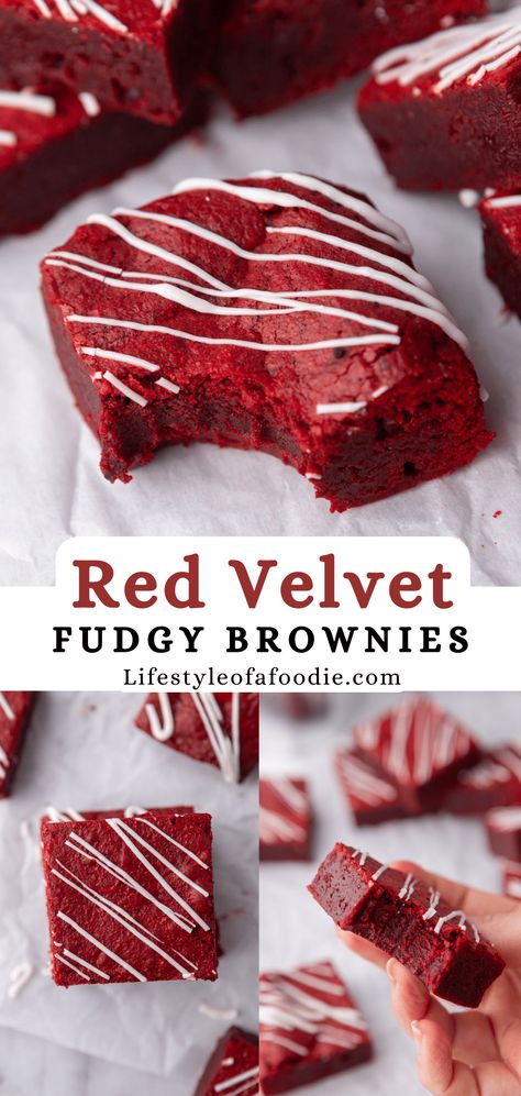 These fudgy red velvet brownies are an easy chocolatey treat that will be perfect when that sweet tooth hits! Easy Meals For Two Simple, Red Velvet Brownies Recipe, Velvet Brownies, Red Velvet Brownies, Cooking Hacks, Easy Baking Recipes Desserts, Brownies Recipe, Sweet Snacks Recipes, Deilig Mat