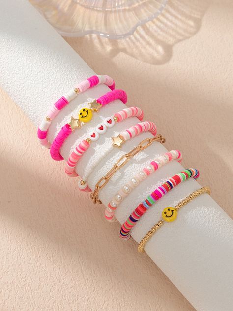 Pink  Collar     Embellished   Women's Fashion Jewelry Bracelets Preppy, Bracelets Kandi, Бисер Twin, Clay Bead Necklace, Beaded Braclets, Preppy Bracelets, Homemade Bracelets, Preppy Jewelry, Surfer Bracelets