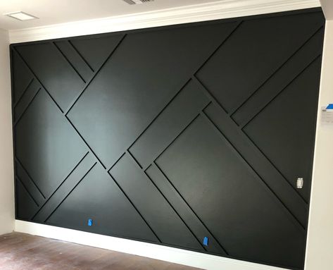 Asymmetrical Wood Accent Wall, Black Accent Wall Bedroom Led Lights, Mens Office Accent Wall, Horizontal Accent Wall Bedroom, Slanted Accent Wall Sloped Ceiling, Hair Salon Accent Wall Ideas, Geometric Accent Wall Living Room, Black Geometric Accent Wall, Black Wall With Wood Accents