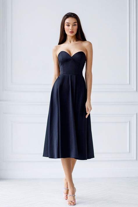 Strapless Formal Dress Midi, Blue Dress For Wedding Guest, Formal Dress Midi, Corseted Top, Midi Prom Dress, Elegant Cocktail Dress, Satin Long Sleeve, Blue Wedding Dresses, Black Evening Dresses