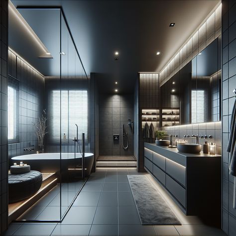 Discover a stunning bachelor's master bathroom with dark hues; charcoal black, slate blue & metallic grey. It features a hi-tech, glass-enclosed shower, separate jacuzzi, sleek vanity with chrome faucets & a backlit mirror, all under dramatic LED lighting. A plush leather seating area adds luxury.

#ModernBathroom #BachelorPad #HomeDecor #BathroomDesign #LuxuryInteriors #LEDLighting Luxury Bathroom Ideas Master Suite, Long Bathroom Design, Small Luxury Bathroom Ideas, Bachelor Bathroom, Office Bathroom Design, Luxury Modern Bathroom, Minimalist Vanity, Condo Bathroom, Bathroom Improvements