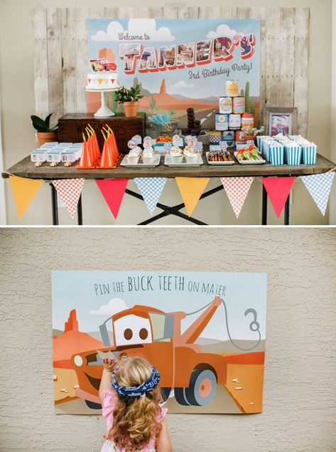 Cars Birthday Party - Welcome to Radiator Springs! // Hostess with the Mostess® Upcycling, Disney Cars Games Birthday Parties, Mater Birthday Party Ideas, Cars Themed Birthday Party Games, Cars Themed Birthday Party Disney, Tow Mater Party, Two Mater Birthday, Pin The Wheel On The Car, Cars Radiator Springs Birthday Parties