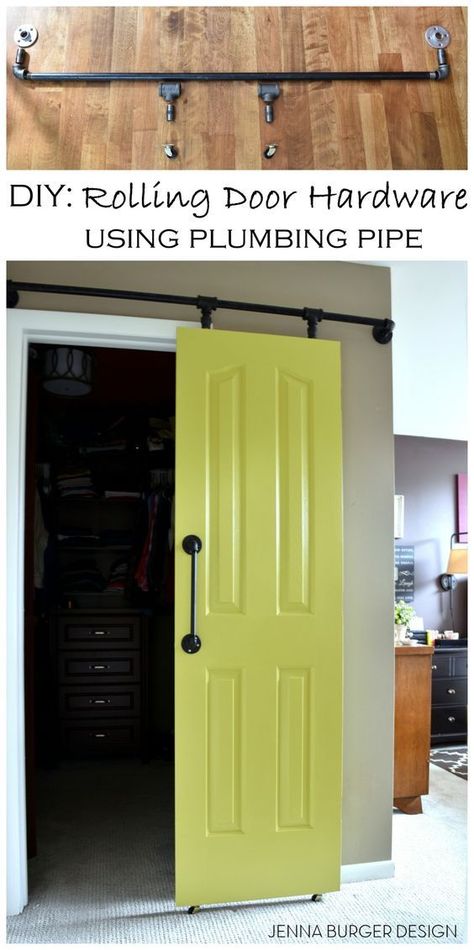 DIY: Rolling door hardware using plumbing pipe. Get the look + function of a rolling door for about $60. Custom size to fit your space. Tutorial by www.JennaBurger.com Burger Design, Rolling Door, Pipe Furniture, Pocket Door, Diy Barn Door, Interior Barn Doors, Diy Door, Barn Doors Sliding, Barn Door Hardware