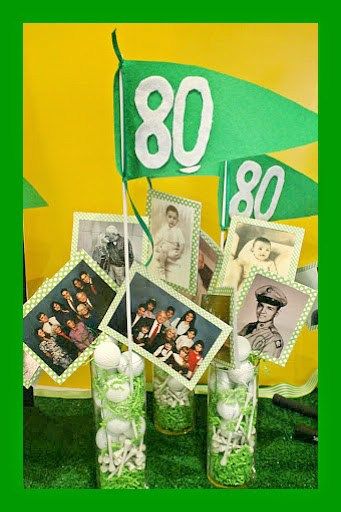 Golf Themed 80th Birthday Centerpiece with Photos Photograph Centerpieces, 80th Birthday Centerpieces, Memory Decor, Golf Theme Party, 80th Birthday Decorations, Golf Birthday Party, Birthday Table Decorations, Birthday Party Centerpieces, Golf Party