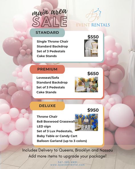 Looking for the ideal venue to turn your special moments into unforgettable memories? Our MAIN AREA SALE is here to make it happen! Choose from our exclusive packages that can be upgraded to fit your vision! Book now and make your event an unforgettable experience! 💫 Contact us: 347-389-4401 www.ajseventrental.com #EventDecor #Events #EventDecoration #EventSpace #EventVenue #IntimateSpace #IntimateVenue #EventPlanner #EventPlanners #EventsNYC #EventsQueens #EventSpaceNY #CreateMemories Rental Space For Events, Event Planner Party Packages, Event Planning Names Ideas, Diy Party Rentals, Event Planning Aesthetic, Party Rental Business Ideas, Event Decor Business, Event Space Business, Event Space Decor