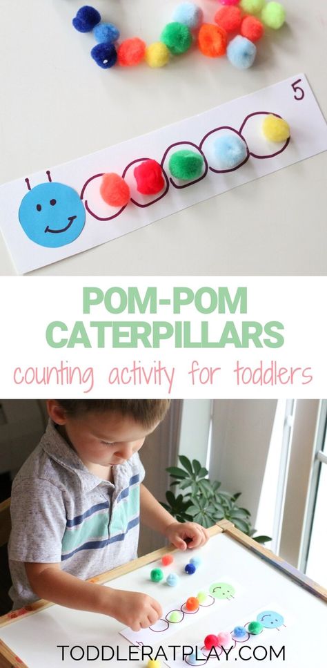 Pom-pom Caterpillars Counting Activity - Toddler at Play Caterpillar Counting, Math Activities For Toddlers, Counting For Toddlers, Hungry Caterpillar Activities, Homeschool Prek, Toddler Math, Morning Tubs, Counting Activity, Activity For Toddlers