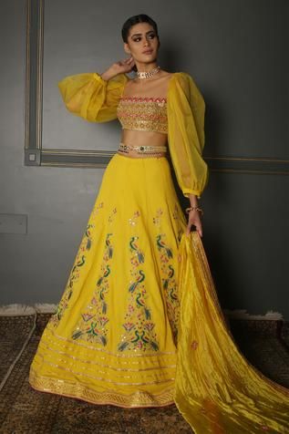 Shop for Aditi Gupta Yellow Pleated Embroidered Lehenga Set for Women Online at Aza Fashions Puff Sleeve Lehenga, Crop Blouse Designs, Puff Sleeve Blouse Indian, Lemon Yellow Blouse, Ethnic Crop Top, Aditi Gupta, Haldi Dress Ideas, India Traditional Dress, Ballon Sleeves Blouse