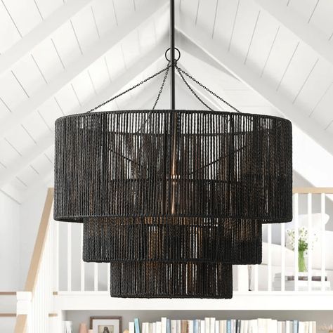 Latitude Run® Bribie 1-Light Woven Black Finish Dimmable Pendant Light | Wayfair Bathroom Chandelier Over Tub, Wicker Chandelier, Bathroom Chandelier, Rattan Chandelier, Black Wicker, Black Kitchen Island, Kitchen Island Linear Pendant, Black Light Fixture, Island Pendant Lights