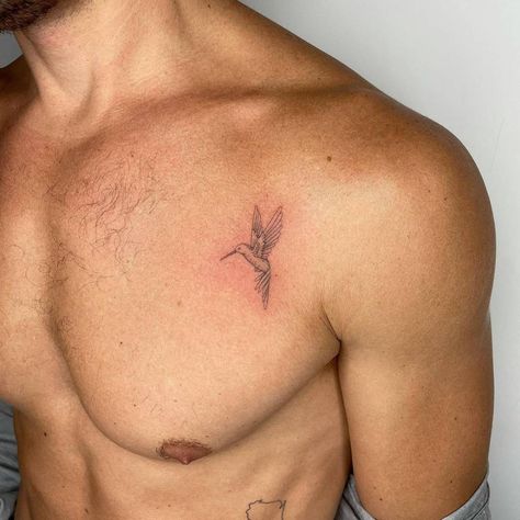 Classic Hummingbird Tattoo, Tattoo Designs Men Chest Small, Humming Bird Chest Tattoo, Collar Bone Tattoo Hummingbird, Hummingbird Tattoo For Men Guys, Men Hummingbird Tattoo, Small Tattoos For Men Chest, Mens Chest Tattoos Small, Mockingbird Tattoo Men