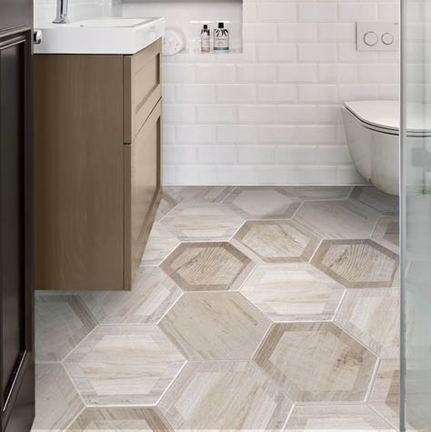 Octagon Tile Bathroom Wall, Groutless Tile Floor, Wood Look Hexagon Tile, Restroom Floor Tile, Bathroom With Hexagon Floor Tile, Hexagon Tile Transition, Octagon Floor Tile, Large Hexagon Tile Bathroom, Hexagon Floor Tile Bathroom