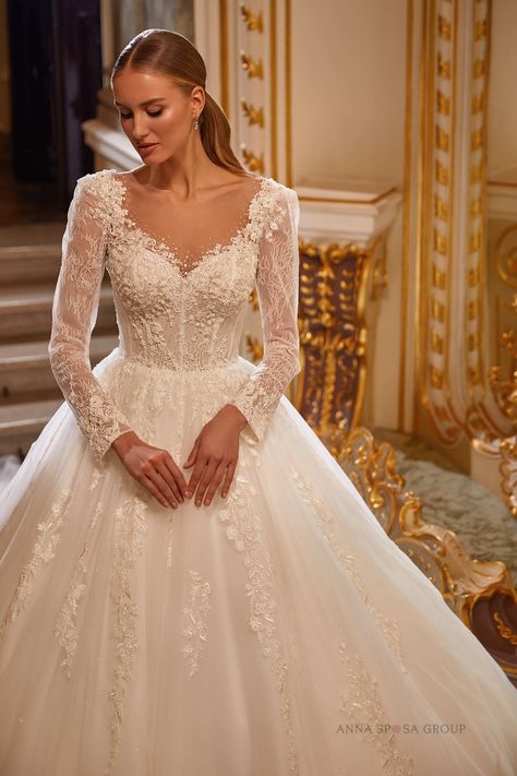 Ollaris Wedding Dress | Hypnose collection 2023 | Anna Sposa by Anna Sposa Group. Bride 2023 Dress, Romantic Princess Wedding Dress, Catholic Wedding Dress Modest, Modest Elegant Wedding Dresses, Sweetheart Neckline Wedding Dress Long Sleeve, Anna Sposa Wedding Dress, Catholic Bride Dresses, Old Glamour Wedding, Long Sleeve A Line Wedding Dress