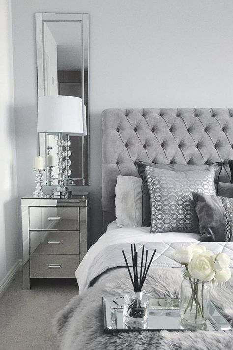 Grey And Silver Bedroom Ideas, Grey And Silver Bedroom, Silver Bedroom Ideas, White And Silver Bedroom, Bedroom Inspiration Grey, Grey Bedroom Design, Silver Bedroom, Bedroom Grey, Grey Bedroom Decor