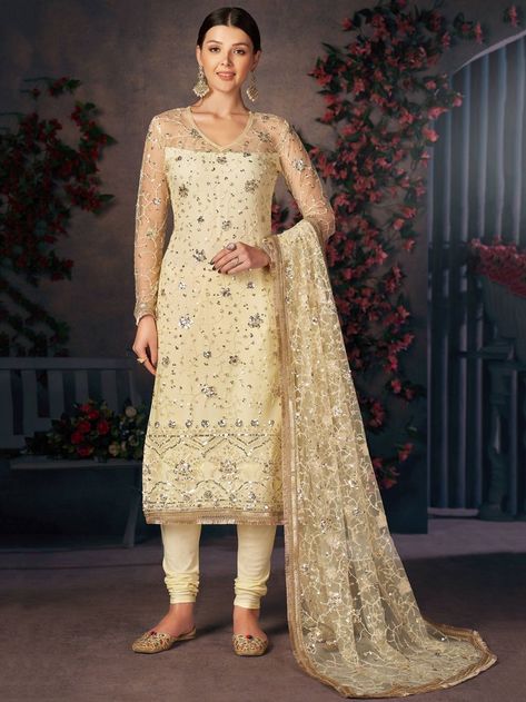 Lavish Lemon Yellow Embroidery Festival Salwar With Dupatta Wedding Palazzo, Palazzo Suit, Thread Embroidery, Net Dupatta, Churidar, Lemon Yellow, Salwar Kameez, Lemon, Thread