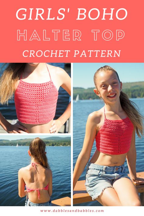 Girls' Boho Halter Top Crochet Pattern - The most challenging part of the halter top is crocheting stitches together but once you’ve got that mastered, you’ll have this adorable top made before you know it. Try this now! #crochethaltertop #croptop #boho #DIY #easypattern #dabblesandbabbles Crochet Girls Top, Crochet Halter Top Pattern Free Easy, Girls Crochet Tops Free Patterns, How To Make A Crochet Top, Crochet Top For Kids, Crochet Top Kids, Girls Crochet Top, Halter Top Crochet Pattern, Crochet Halter Top Pattern Free