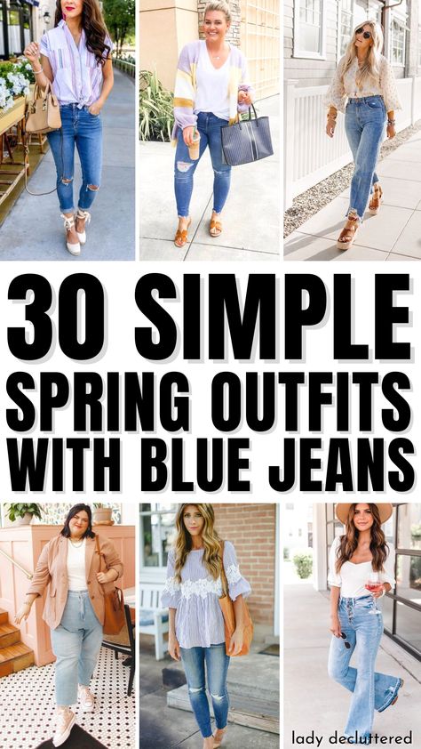 30 Simple Spring Outfits with Blue Jeans Jeans Outfits Women Summer, Jeans And Top Casual Outfit, Light Colored Blue Jeans Outfit, Light Jean Outfits Spring, Blue Jeans Womens Outfit Ideas, Blue Jeans And Blue Top Outfit, How To Pair Light Blue Jeans, Womens Outfits With Jeans, What To Wear With Light Blue Jeans Women